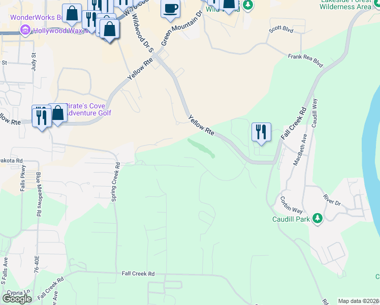map of restaurants, bars, coffee shops, grocery stores, and more near 200 Golf View Drive in Branson