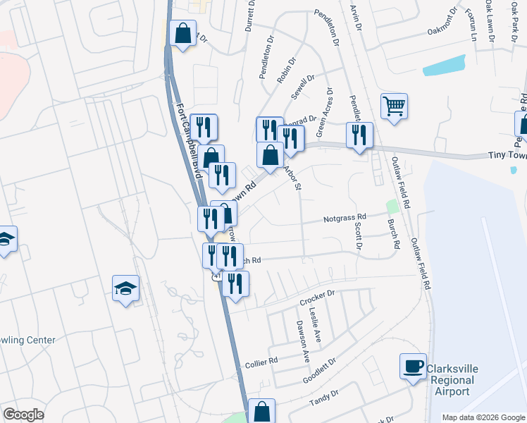 map of restaurants, bars, coffee shops, grocery stores, and more near 93 Notgrass Road in Clarksville