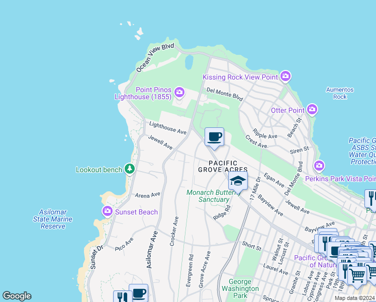 map of restaurants, bars, coffee shops, grocery stores, and more near 1186 Jewell Avenue in Pacific Grove