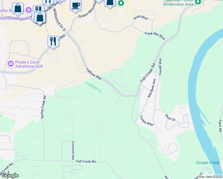 map of restaurants, bars, coffee shops, grocery stores, and more near 351 South Wildwood Drive in Branson
