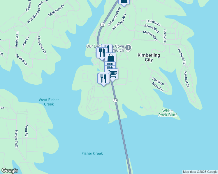 map of restaurants, bars, coffee shops, grocery stores, and more near 247 Anchors Point Lane in Kimberling City