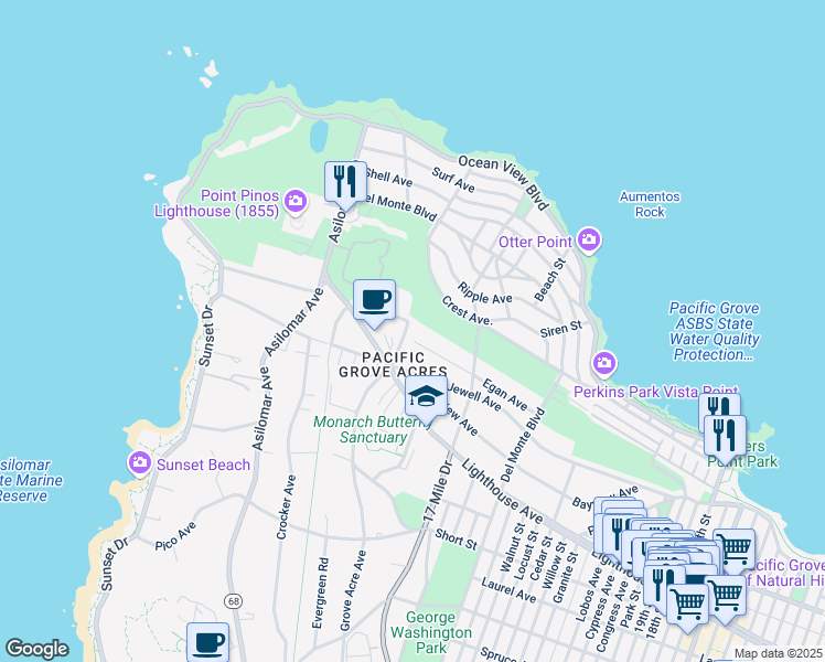 map of restaurants, bars, coffee shops, grocery stores, and more near 1066 Egan Avenue in Pacific Grove