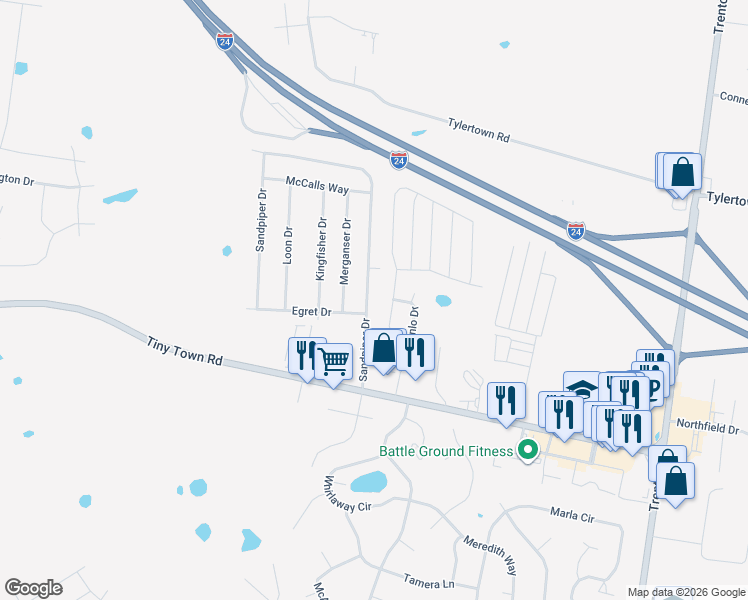 map of restaurants, bars, coffee shops, grocery stores, and more near 3429 Sandpiper Drive in Clarksville