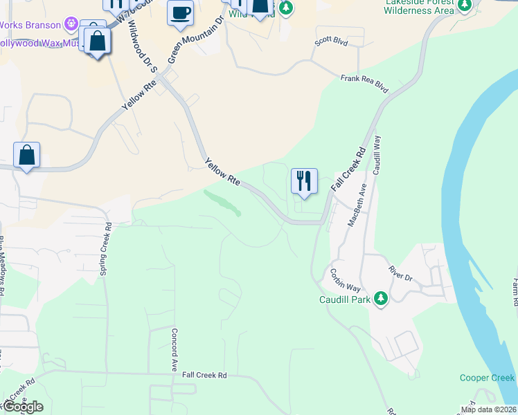 map of restaurants, bars, coffee shops, grocery stores, and more near 351 South Wildwood Drive in Branson