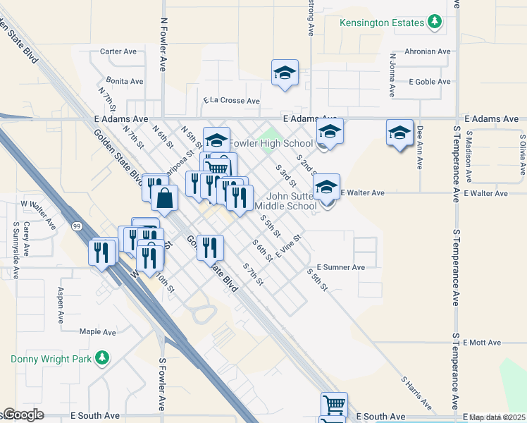 map of restaurants, bars, coffee shops, grocery stores, and more near 215 South 5th Street in Fowler