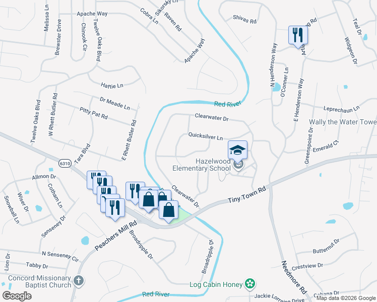 map of restaurants, bars, coffee shops, grocery stores, and more near 2781 Cascade Drive in Clarksville