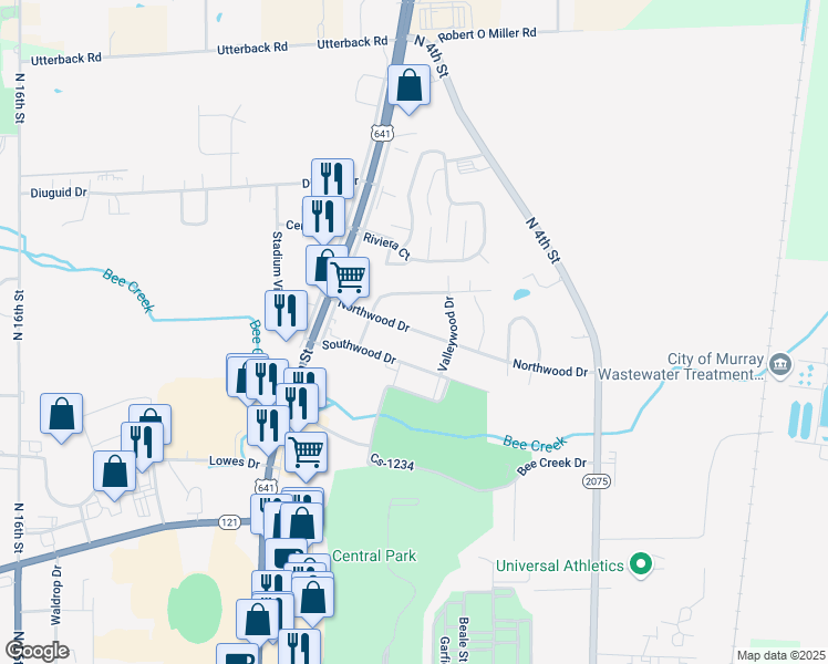 map of restaurants, bars, coffee shops, grocery stores, and more near 1007A Northwood Drive in Murray