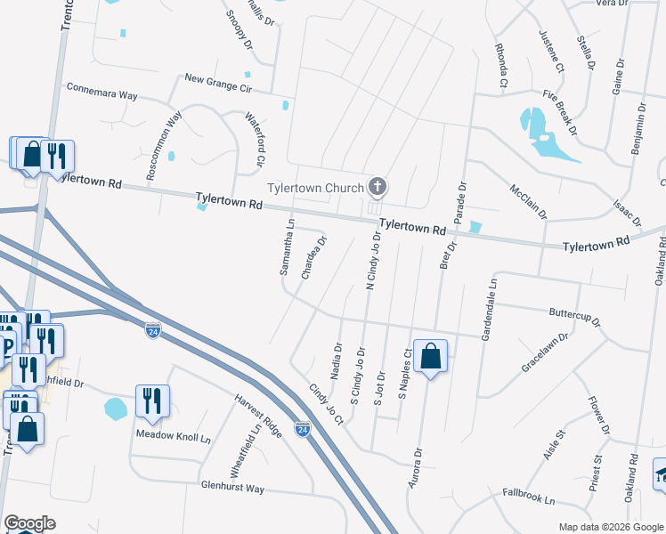 map of restaurants, bars, coffee shops, grocery stores, and more near 1048 Cindy Jo Court in Clarksville