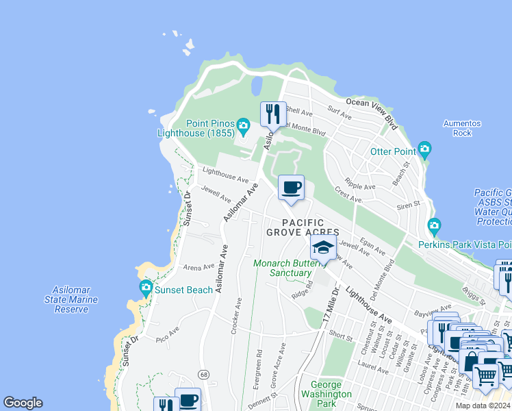 map of restaurants, bars, coffee shops, grocery stores, and more near 1186 Jewell Avenue in Pacific Grove