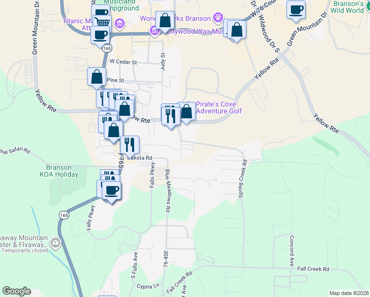 map of restaurants, bars, coffee shops, grocery stores, and more near 500 Spring Creek Rd in Branson