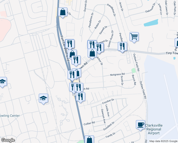 map of restaurants, bars, coffee shops, grocery stores, and more near 93 Notgrass Road in Clarksville