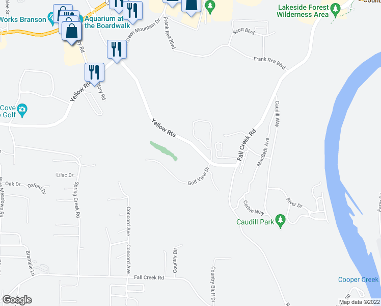 map of restaurants, bars, coffee shops, grocery stores, and more near 351 South Wildwood Drive in Branson