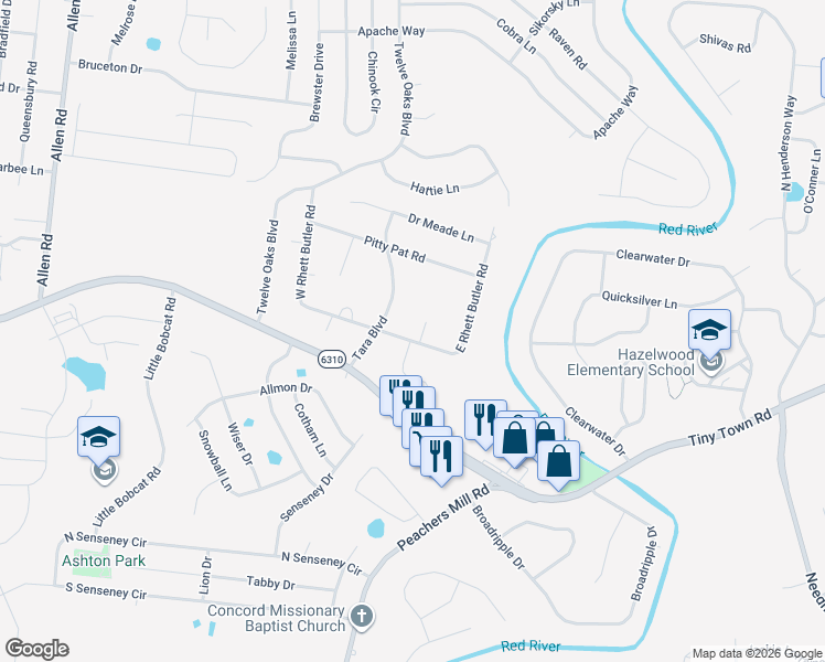 map of restaurants, bars, coffee shops, grocery stores, and more near 1397 East Rhett Butler Road in Clarksville