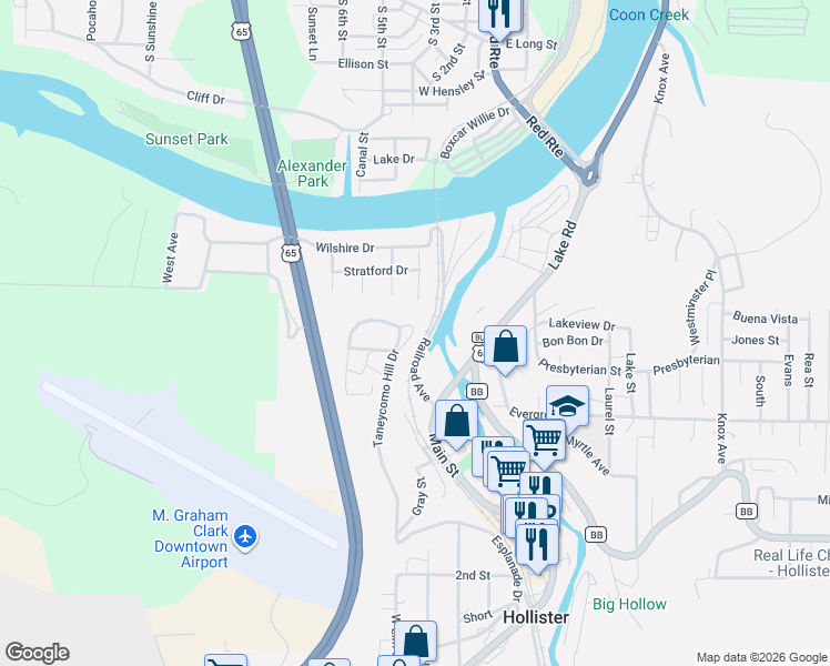 map of restaurants, bars, coffee shops, grocery stores, and more near 480 Taneycomo Hill Dr in Hollister