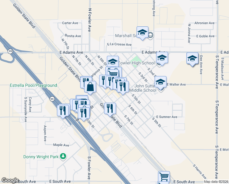 map of restaurants, bars, coffee shops, grocery stores, and more near 110 South 6th Street in Fowler