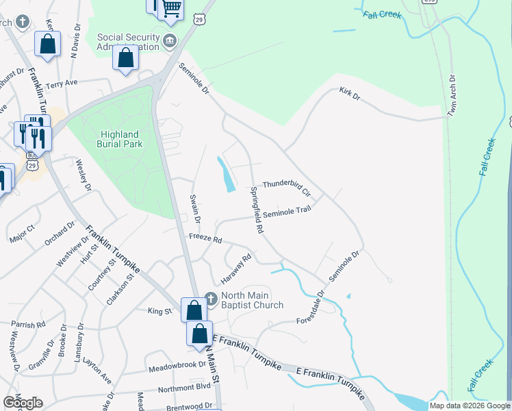 map of restaurants, bars, coffee shops, grocery stores, and more near 627 Springfield Road in Danville