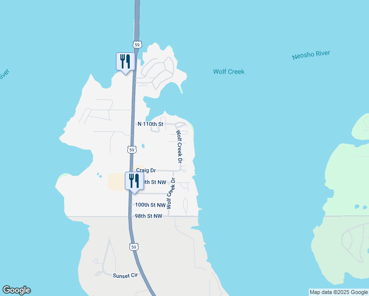map of restaurants, bars, coffee shops, grocery stores, and more near 10641 Wolf Creek Drive in Grove