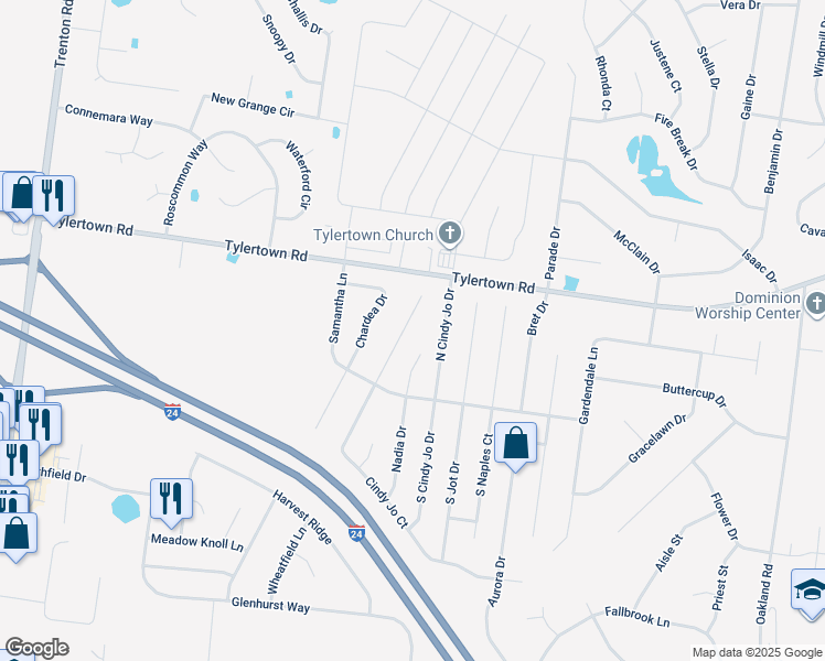 map of restaurants, bars, coffee shops, grocery stores, and more near 1055 Cindy Jo Court in Clarksville