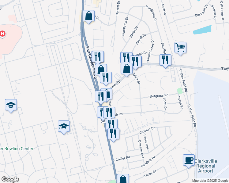 map of restaurants, bars, coffee shops, grocery stores, and more near 209 Copeland Road in Clarksville