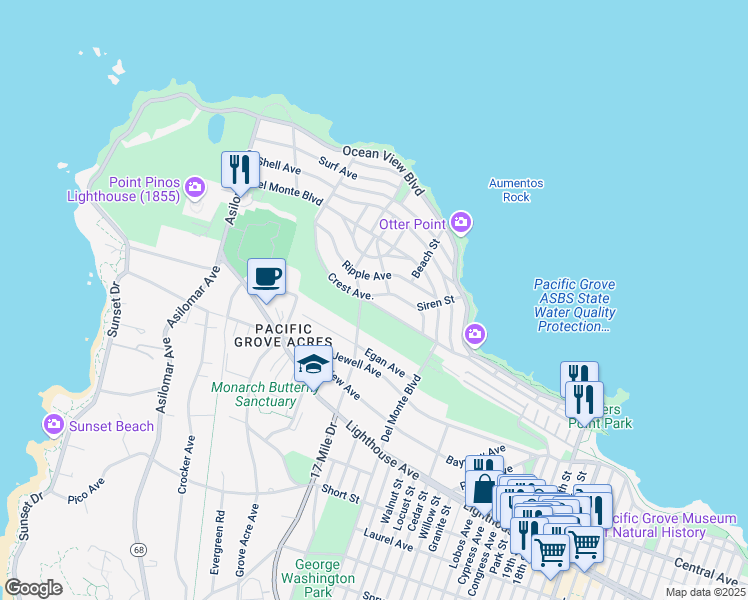 map of restaurants, bars, coffee shops, grocery stores, and more near 1060 Sea Palm Avenue in Pacific Grove