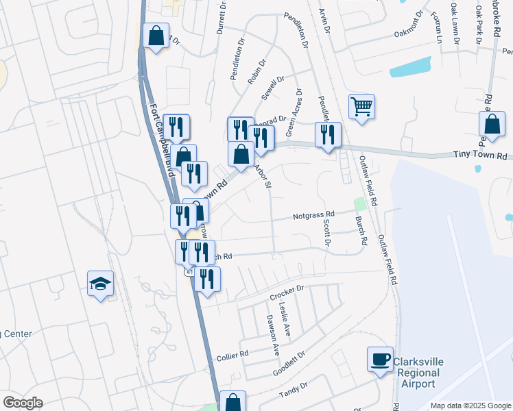 map of restaurants, bars, coffee shops, grocery stores, and more near 2702 West Copeland Court in Clarksville