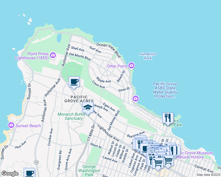 map of restaurants, bars, coffee shops, grocery stores, and more near 1060 Sea Palm Avenue in Pacific Grove