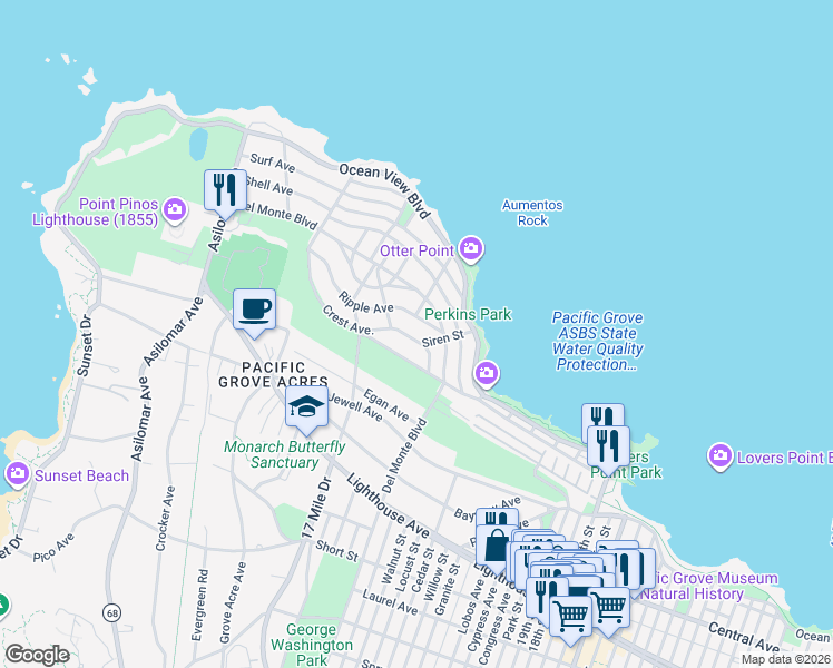map of restaurants, bars, coffee shops, grocery stores, and more near 930 Crest Avenue in Pacific Grove