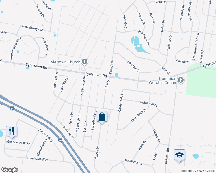 map of restaurants, bars, coffee shops, grocery stores, and more near 3779 Bret Drive in Clarksville