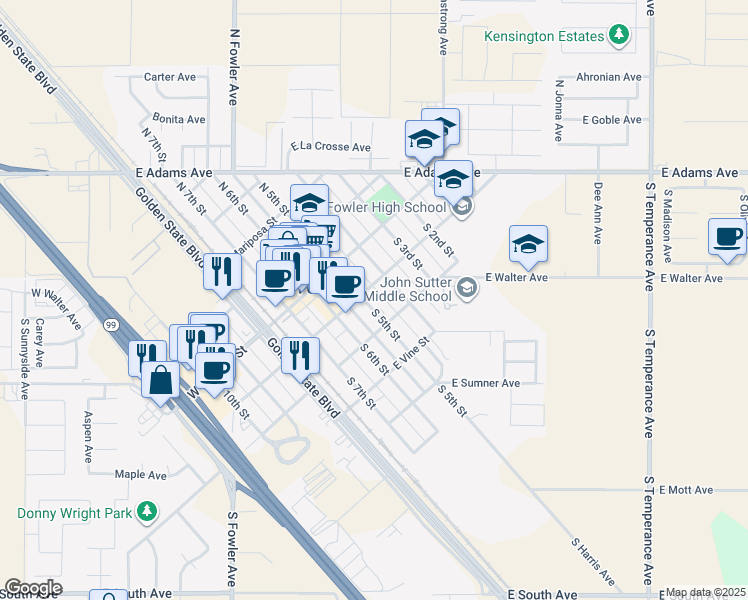 map of restaurants, bars, coffee shops, grocery stores, and more near 215 South 5th Street in Fowler