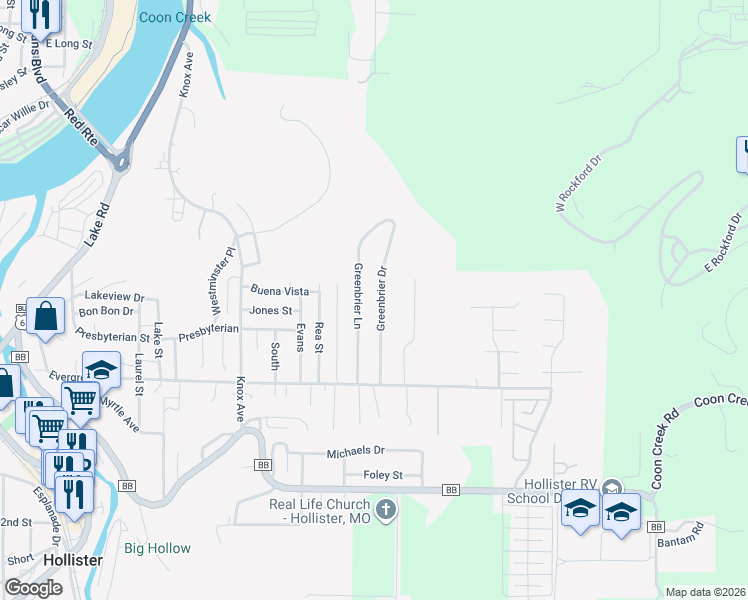 map of restaurants, bars, coffee shops, grocery stores, and more near 303 Greenbrier Drive in Hollister