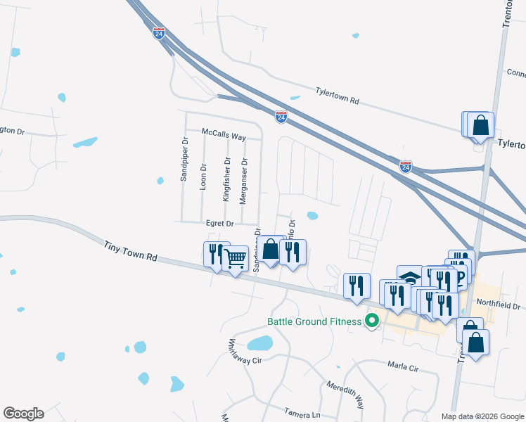 map of restaurants, bars, coffee shops, grocery stores, and more near 3429 Sandpiper Drive in Clarksville