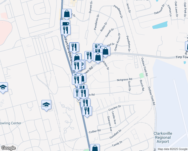 map of restaurants, bars, coffee shops, grocery stores, and more near 93 Notgrass Road in Clarksville