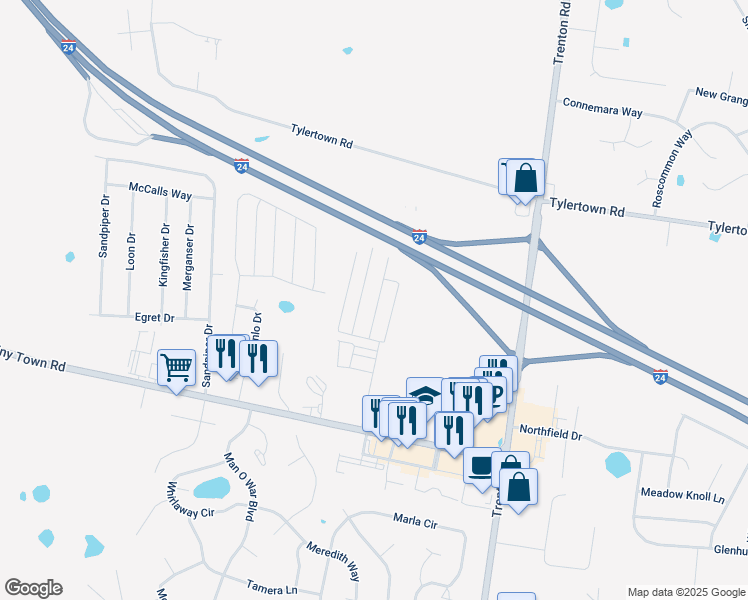 map of restaurants, bars, coffee shops, grocery stores, and more near 739 Heritage Point Circle in Clarksville