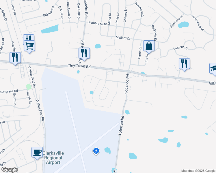 map of restaurants, bars, coffee shops, grocery stores, and more near 1878 Sunset Meadows Way in Clarksville