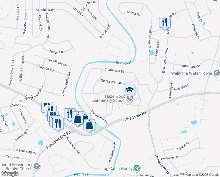 map of restaurants, bars, coffee shops, grocery stores, and more near 2771 Cascade Drive in Clarksville
