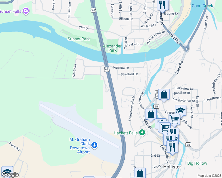 map of restaurants, bars, coffee shops, grocery stores, and more near Stafford Drive in Hollister