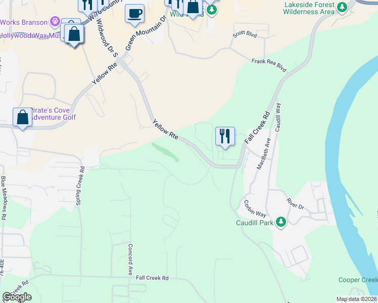 map of restaurants, bars, coffee shops, grocery stores, and more near 351 South Wildwood Drive in Branson