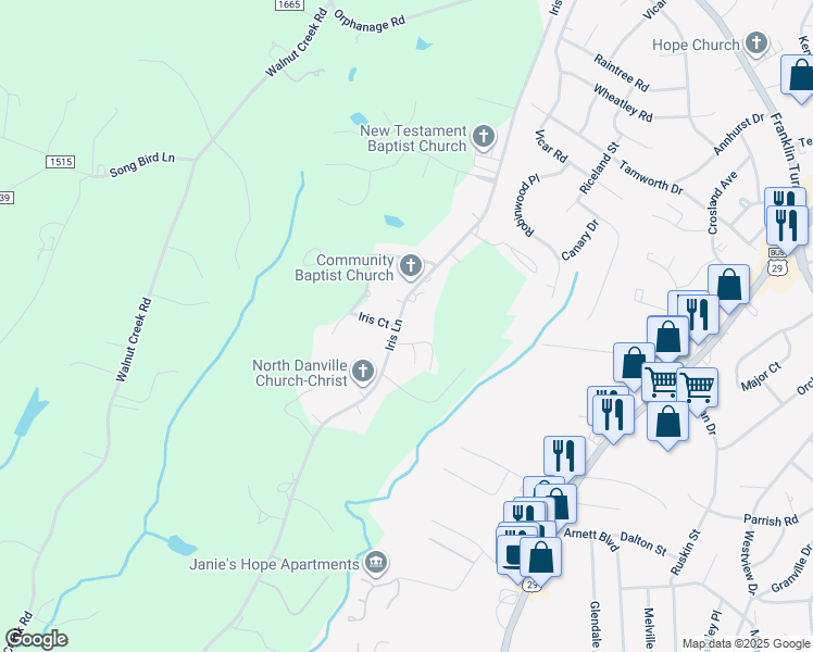 map of restaurants, bars, coffee shops, grocery stores, and more near 574 Iris Lane in Danville