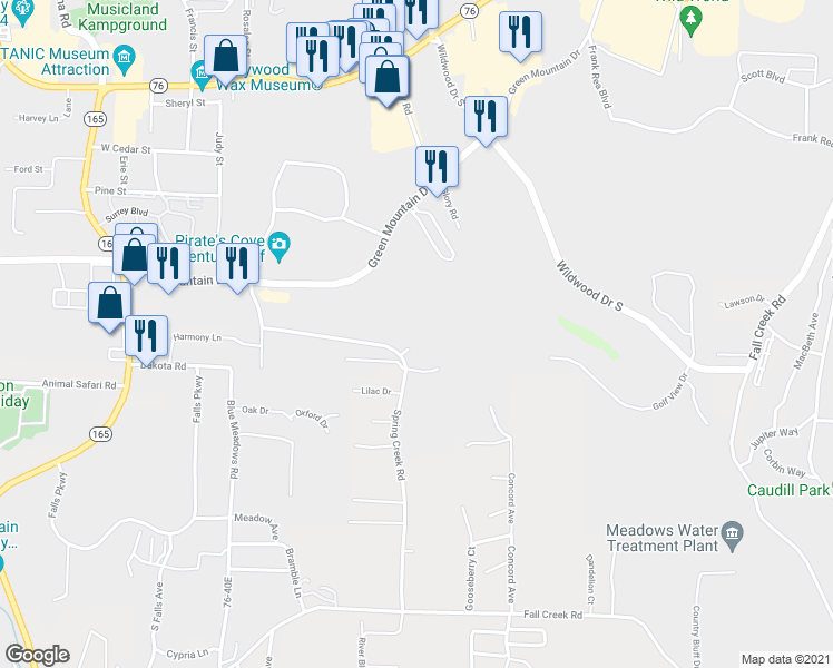 map of restaurants, bars, coffee shops, grocery stores, and more near 120 Spring Creek Court in Branson