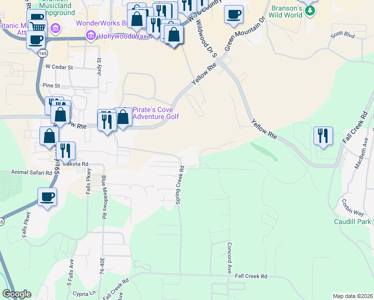 map of restaurants, bars, coffee shops, grocery stores, and more near 120 Spring Creek Road in Branson