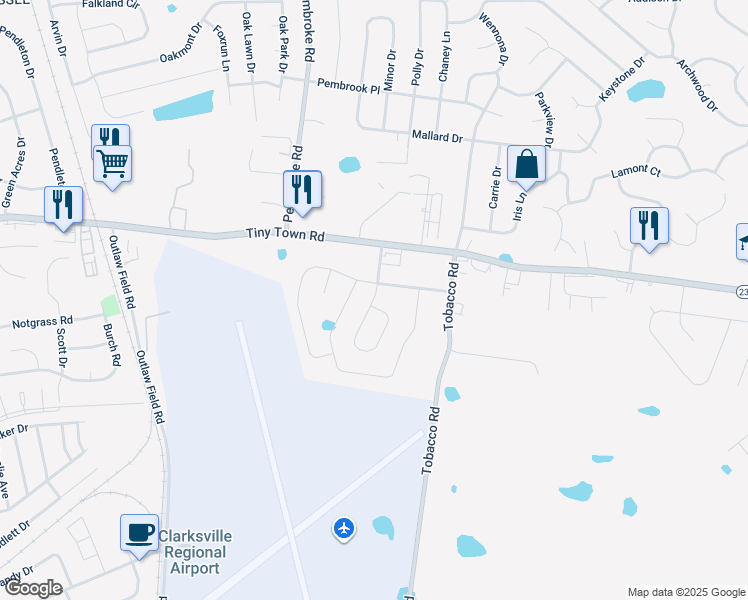 map of restaurants, bars, coffee shops, grocery stores, and more near Sunset Meadows Way in Clarksville