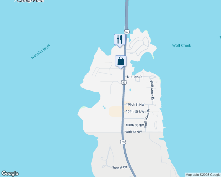 map of restaurants, bars, coffee shops, grocery stores, and more near Lakeshore Drive in Grove