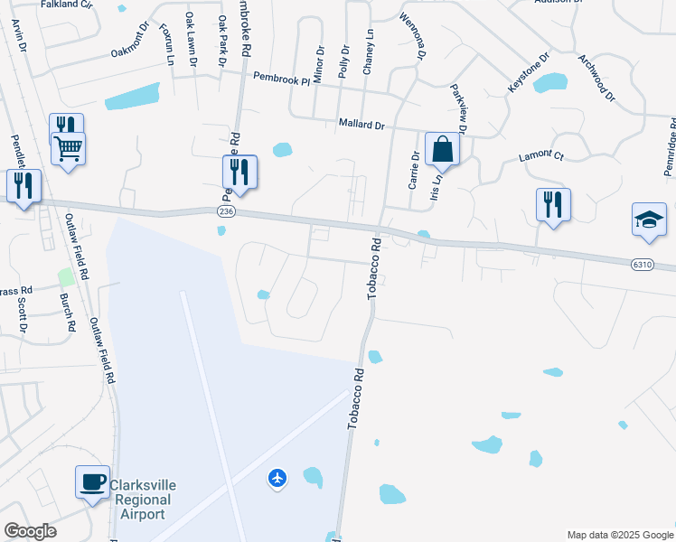 map of restaurants, bars, coffee shops, grocery stores, and more near 2996 McManus Circle in Clarksville