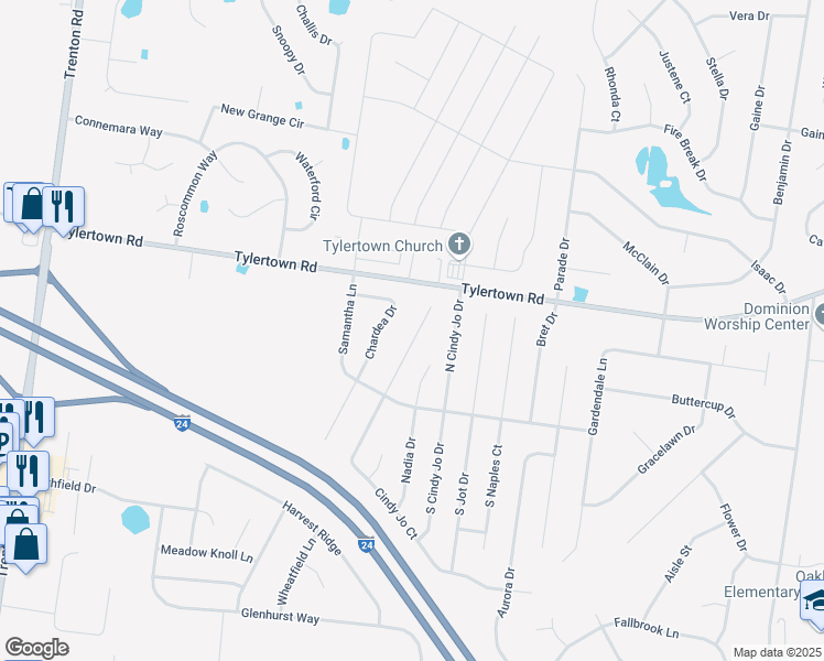 map of restaurants, bars, coffee shops, grocery stores, and more near 1060 Cindy Jo Court in Clarksville