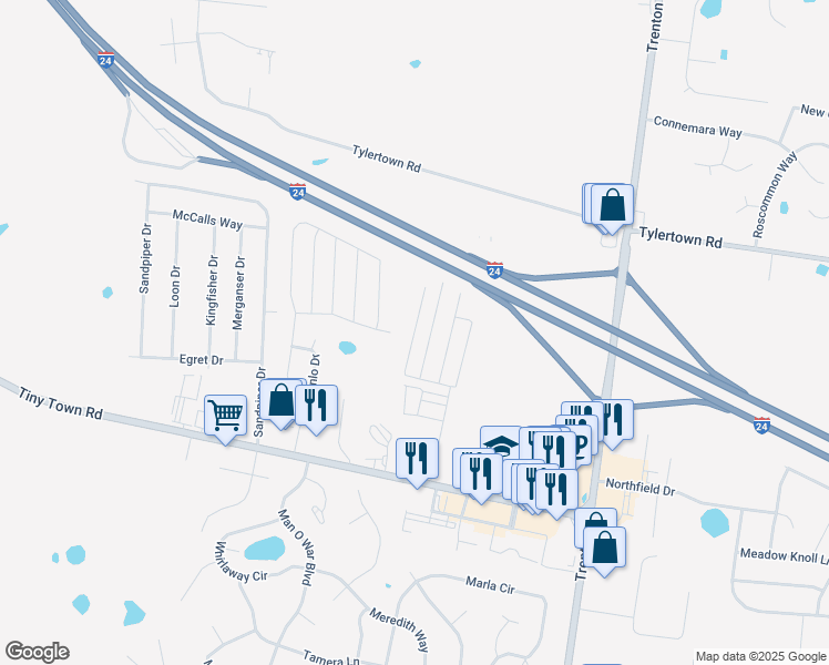 map of restaurants, bars, coffee shops, grocery stores, and more near Dawn Ridge Court in Clarksville