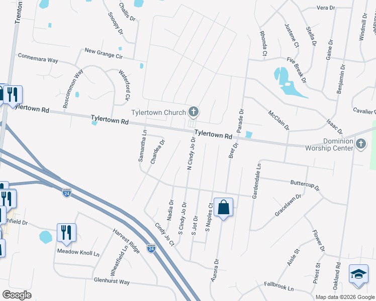 map of restaurants, bars, coffee shops, grocery stores, and more near 1055 Cindy Jo Court in Clarksville