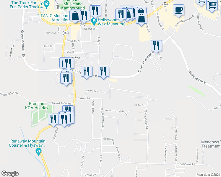 map of restaurants, bars, coffee shops, grocery stores, and more near 2662 Spring Creek Rd in Branson