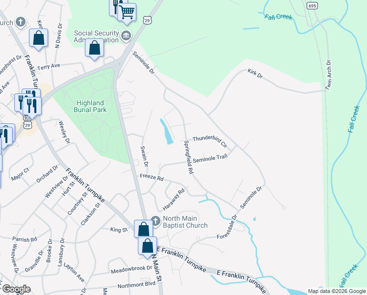 map of restaurants, bars, coffee shops, grocery stores, and more near 627 Springfield Road in Danville
