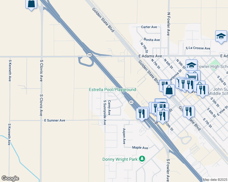 map of restaurants, bars, coffee shops, grocery stores, and more near 1154 West Walter Avenue in Fowler