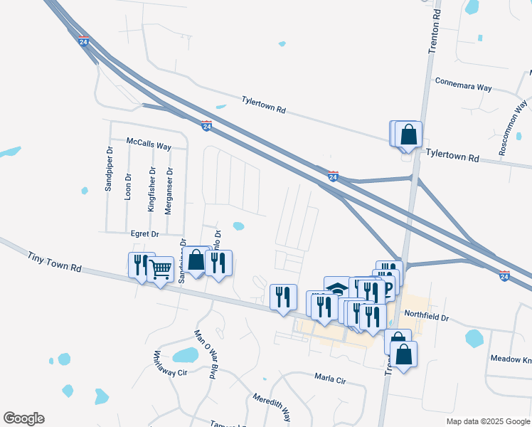 map of restaurants, bars, coffee shops, grocery stores, and more near 900-998 Dawn Ridge Court in Clarksville